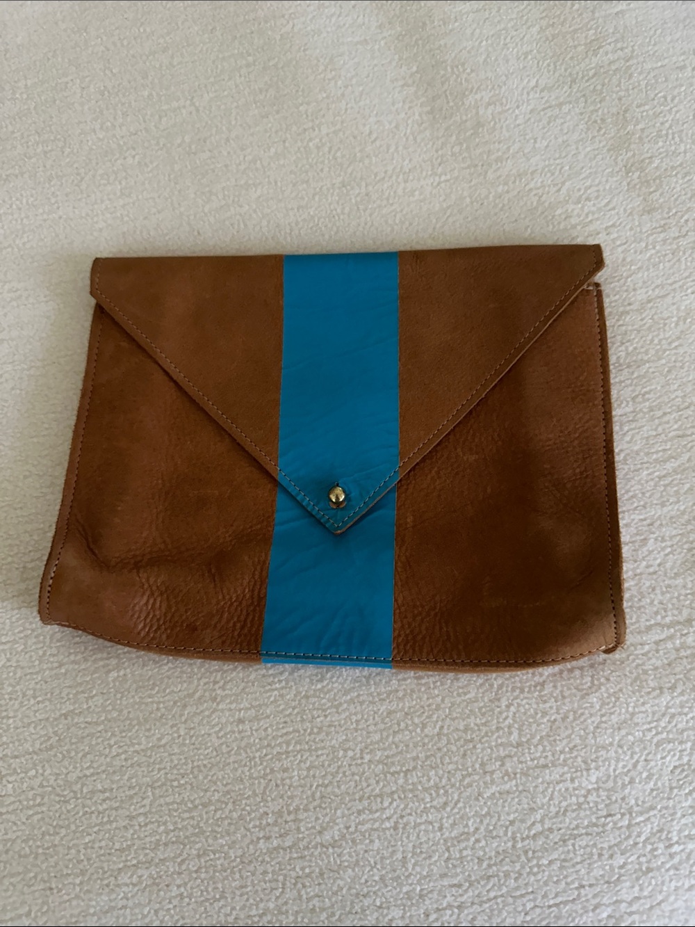 Vintage Claire V Brown Leather Envelope Clutch with Blue Stripe